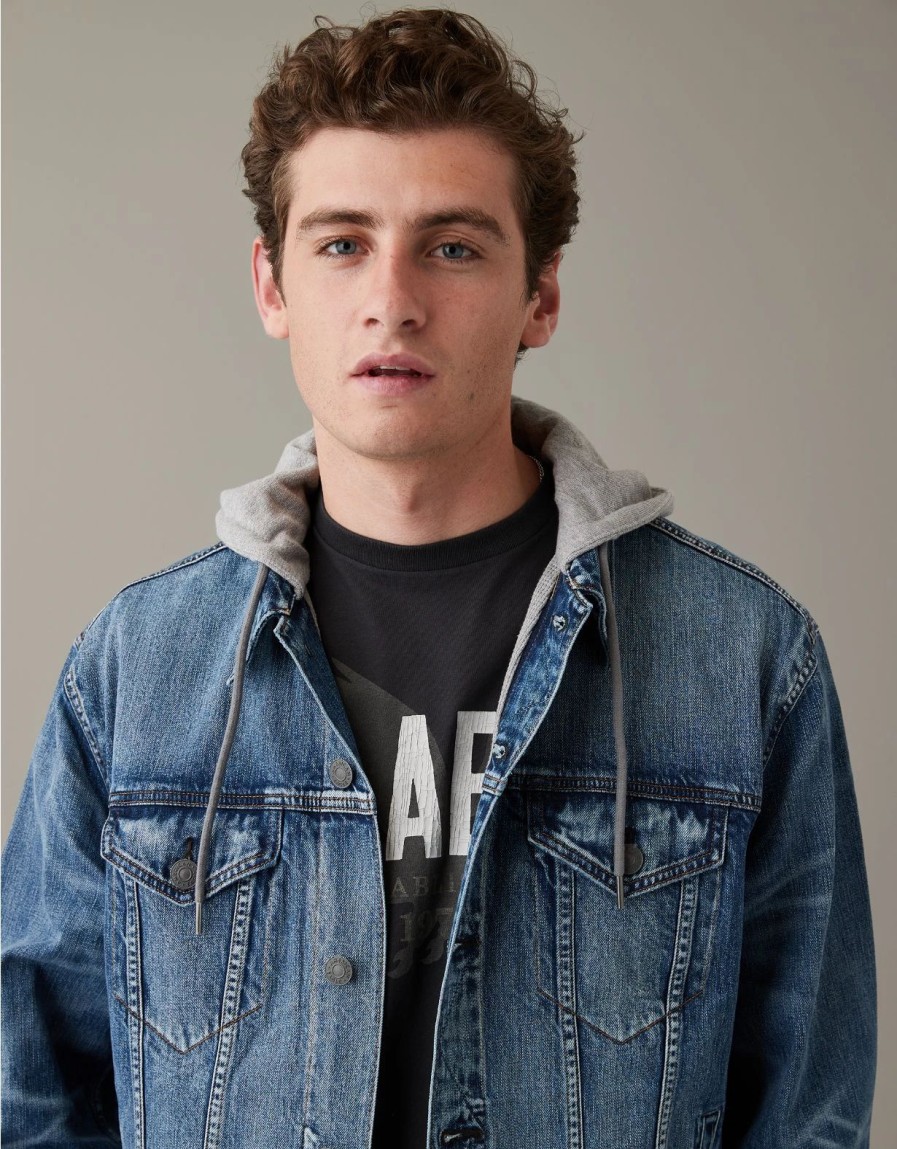 Tops * | Ae Hooded Denim Trucker Jacket